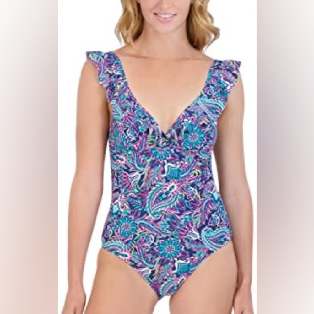 🆕 Caribbean Joe Swimsuit Women’s size 8 One Piece Paisley Bathing Suit NEW NWT